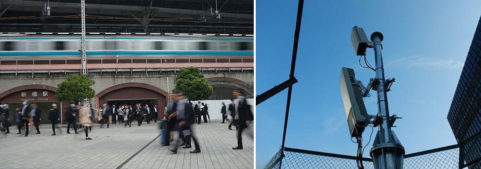 JR新橋駅と周辺に設置されたau 5Gの基地局