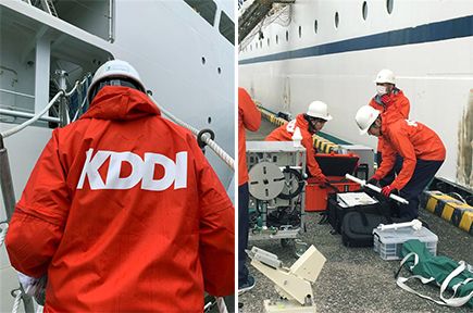 横浜に係留されているKDDIオーシャンリンクへのKDDI運用本部社員による物資・可搬型基地局積み込み訓練の模様