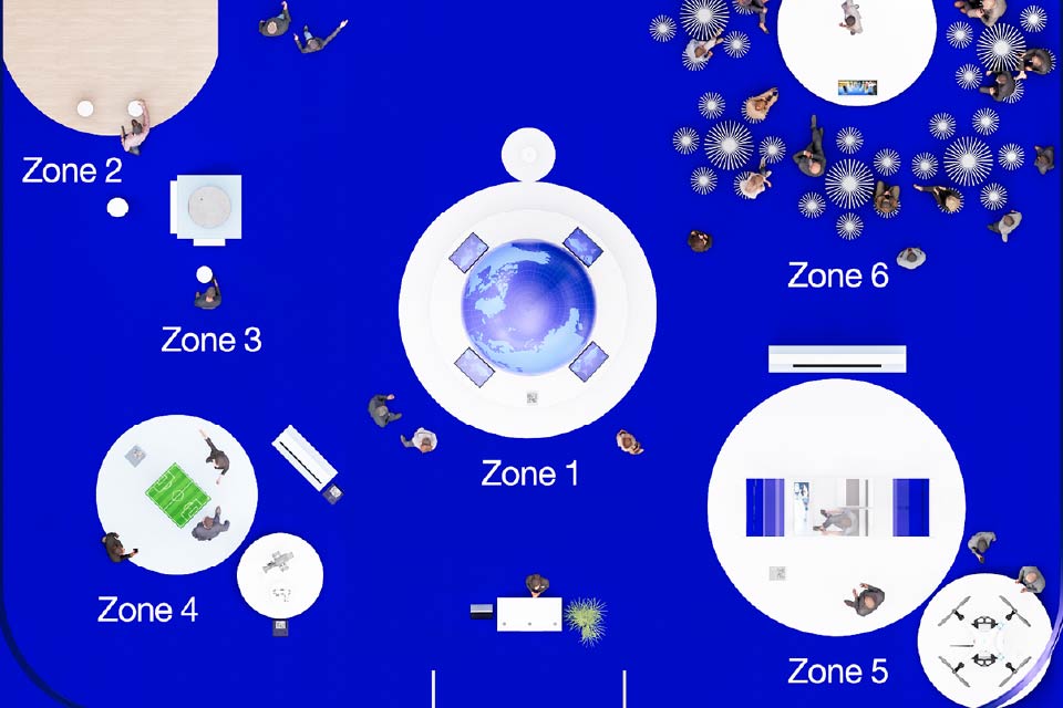 5つのゾーンで展示を紹介。ゾーン6の登壇スペースでは、さまざまな講演を実施。