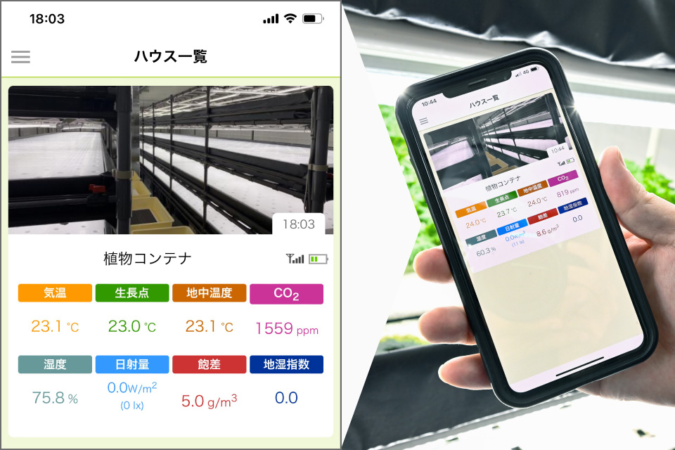 植物コンテナではスマートフォン、タブレットを通じた遠隔監視が行われている